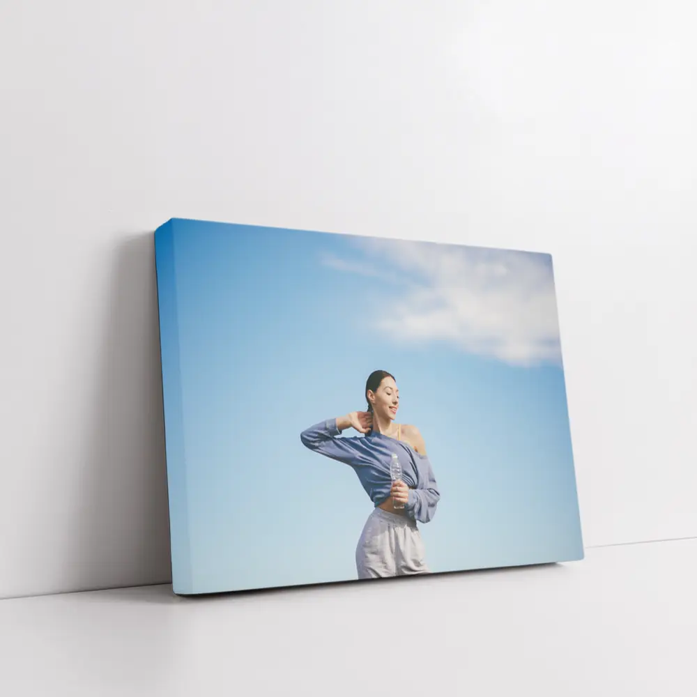 Woman Stretching Outdoors Under Blue Sky – Wall Art