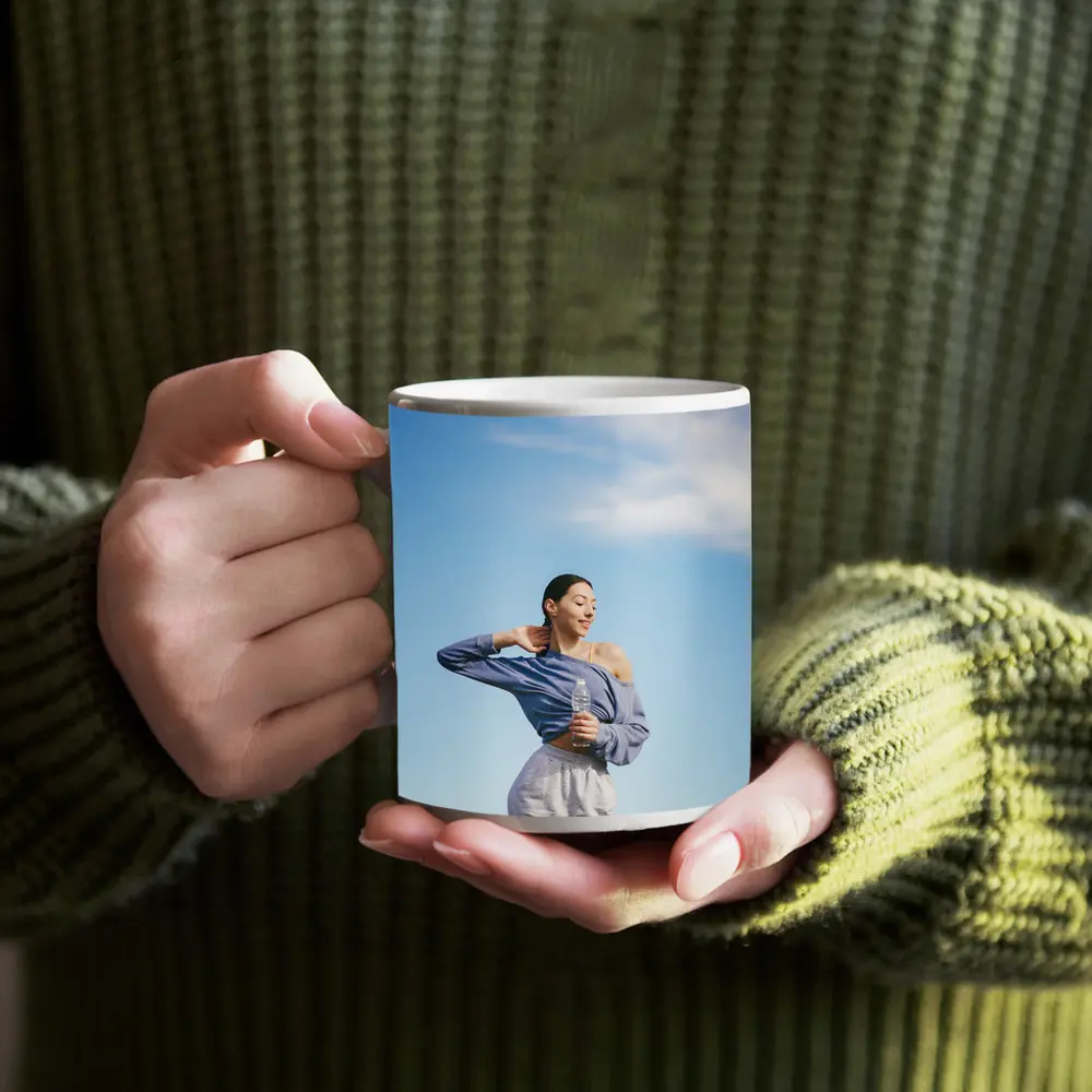 Woman Stretching Outdoors Under Blue Sky – Mugs