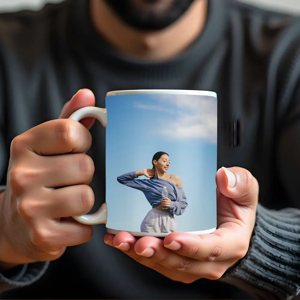 Woman Stretching Outdoors Under Blue Sky – Mugs