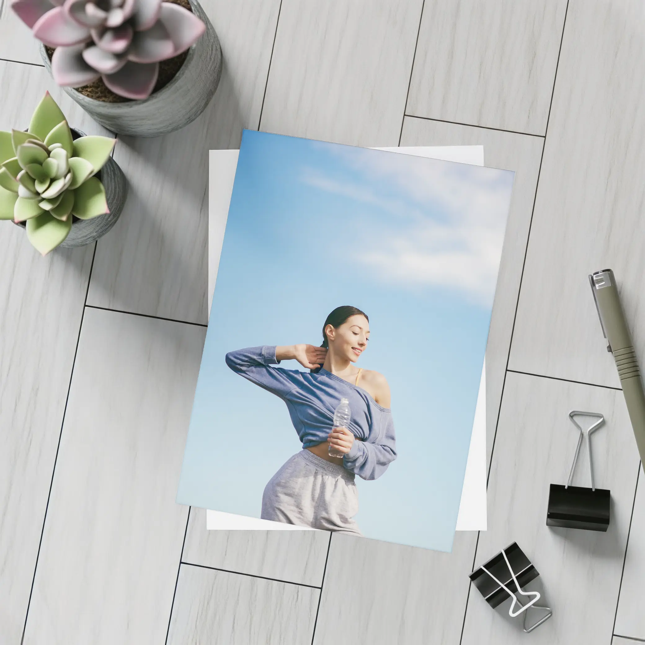 Woman Stretching Outdoors Under Blue Sky – Postcards