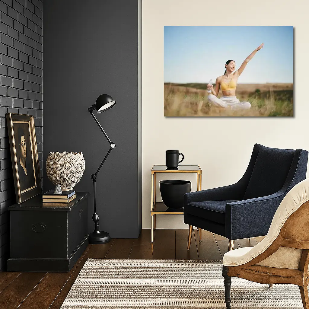 Woman Practicing Yoga Outdoors Sunny Field – Wall Art