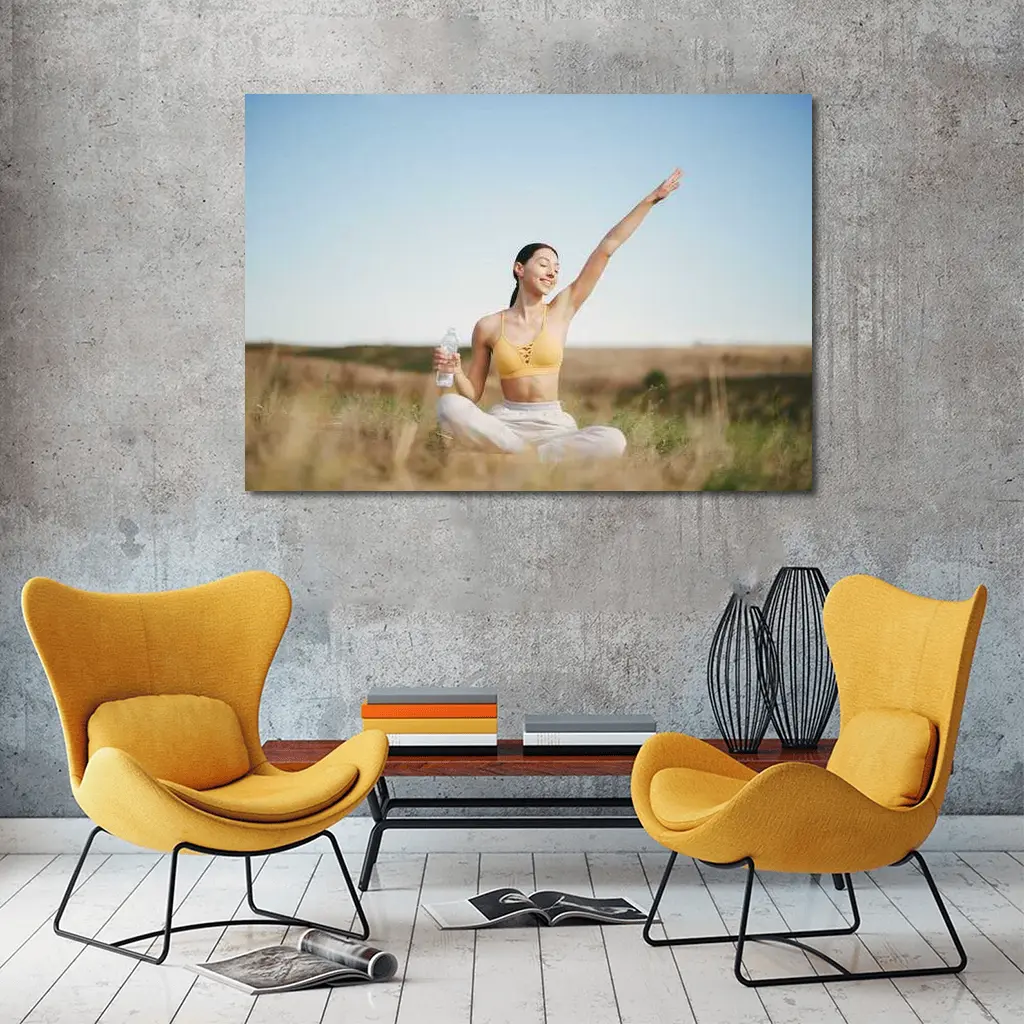 Woman Practicing Yoga Outdoors Sunny Field – Wall Art