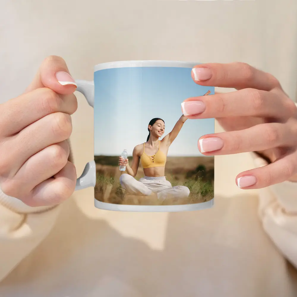 Woman Practicing Yoga Outdoors Sunny Field – Mugs