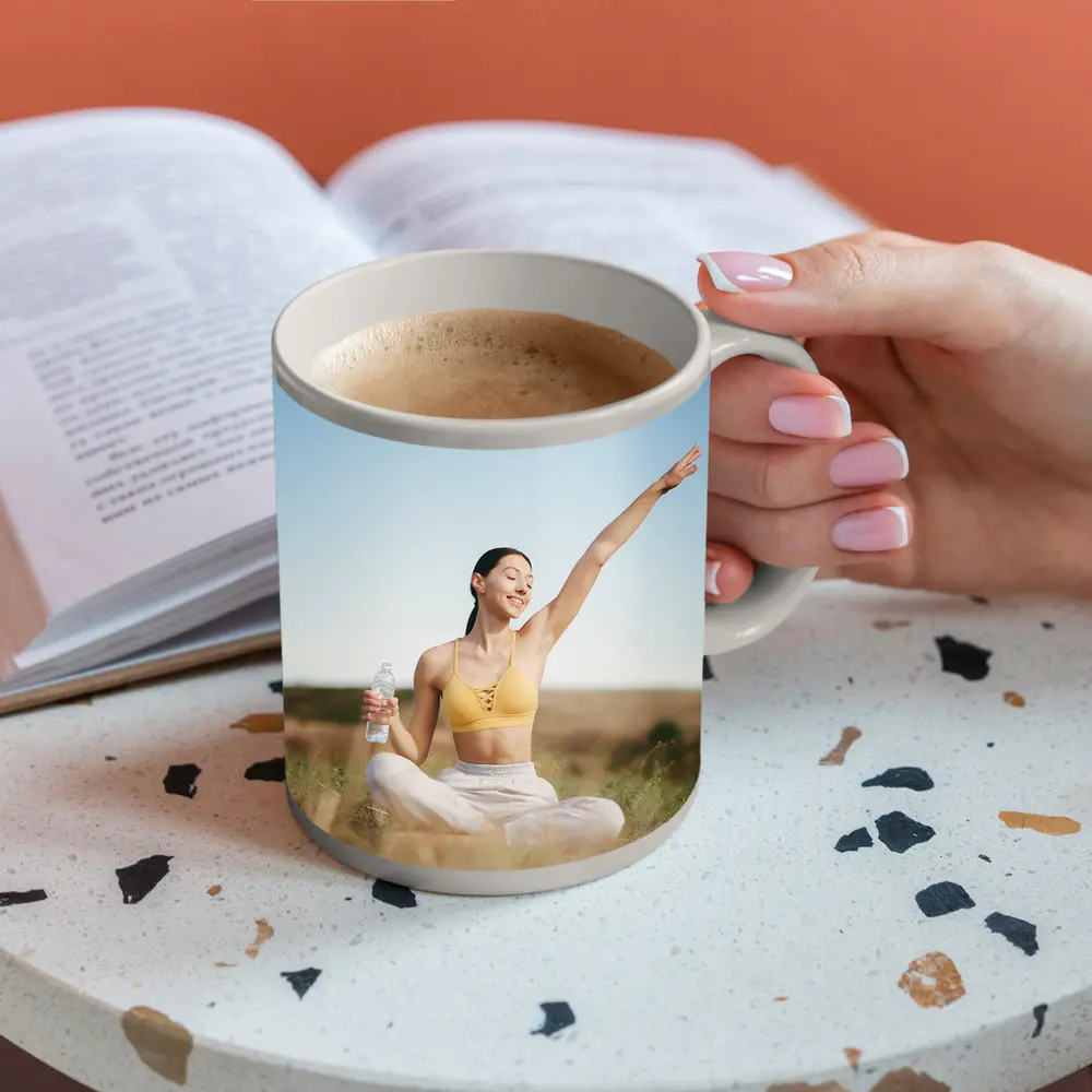 Woman Practicing Yoga Outdoors Sunny Field – Mugs