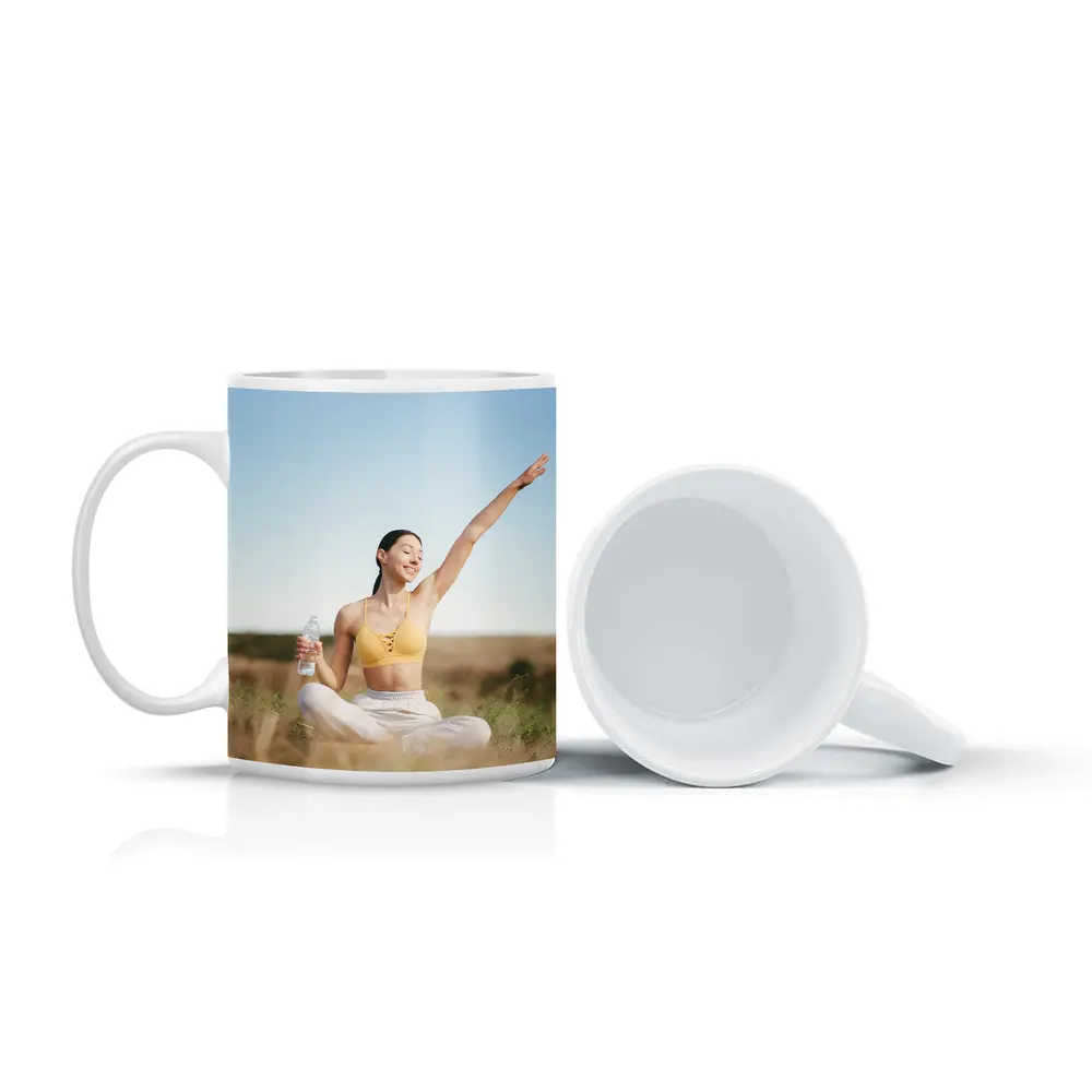 Woman Practicing Yoga Outdoors Sunny Field – Mugs
