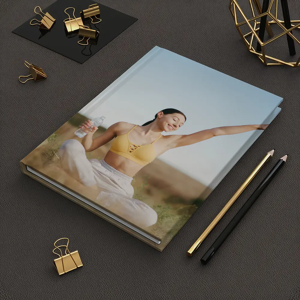 Woman Practicing Yoga Outdoors Sunny Field – Notebooks