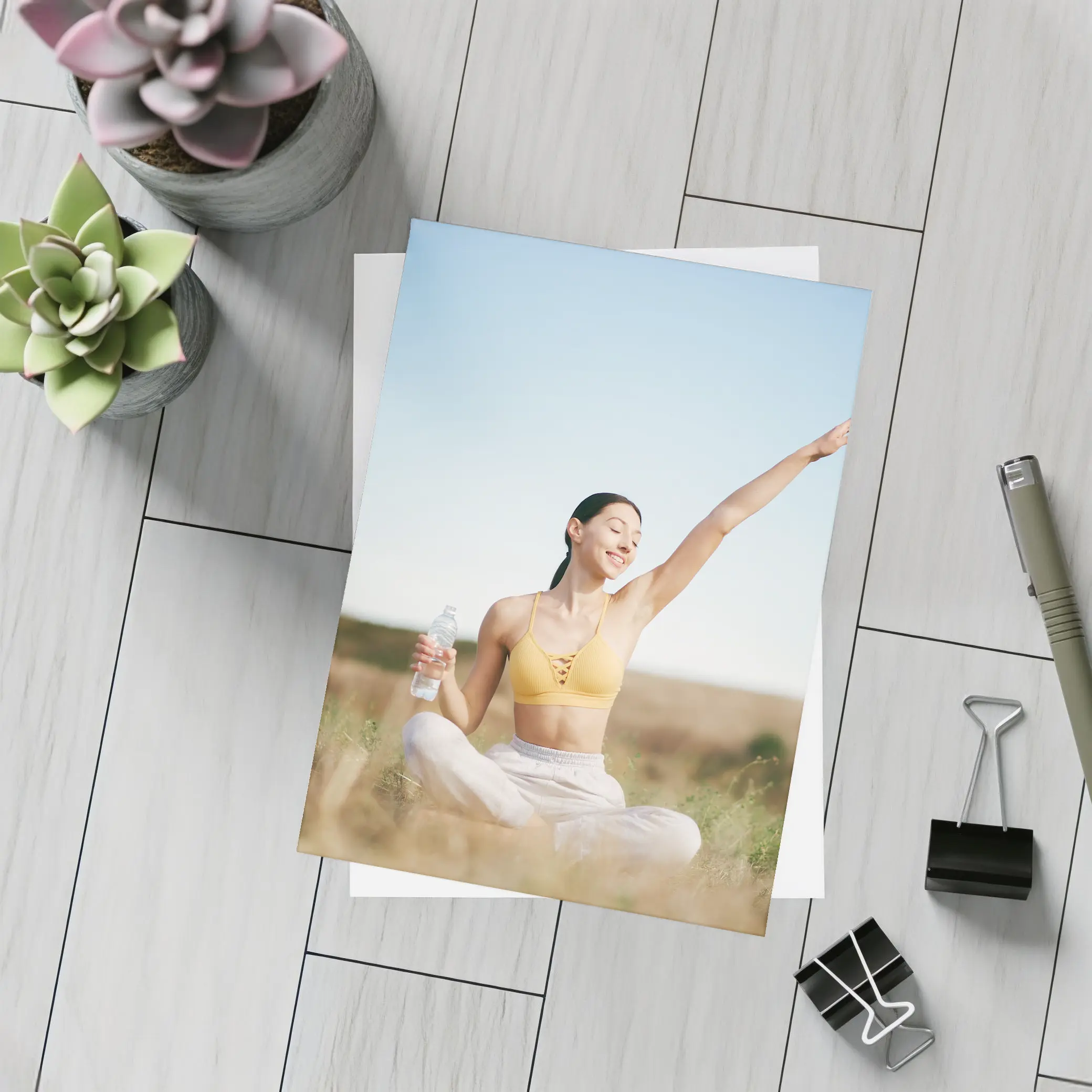 Woman Practicing Yoga Outdoors Sunny Field – Postcards
