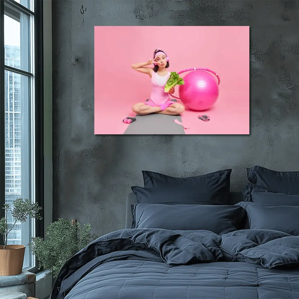 Fitness Girl Sitting With Exercise Ball Pink – Wall Art