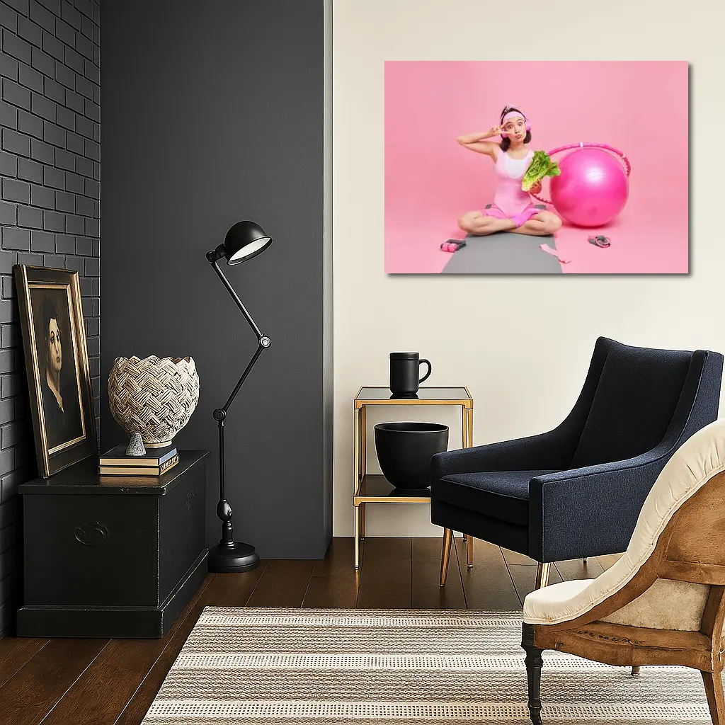 Fitness Girl Sitting With Exercise Ball Pink – Wall Art
