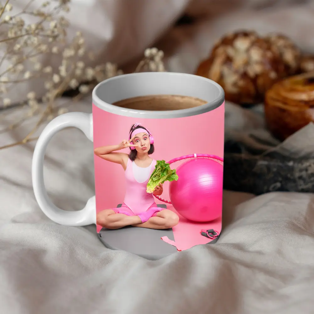 Fitness Girl Sitting With Exercise Ball Pink – Mugs
