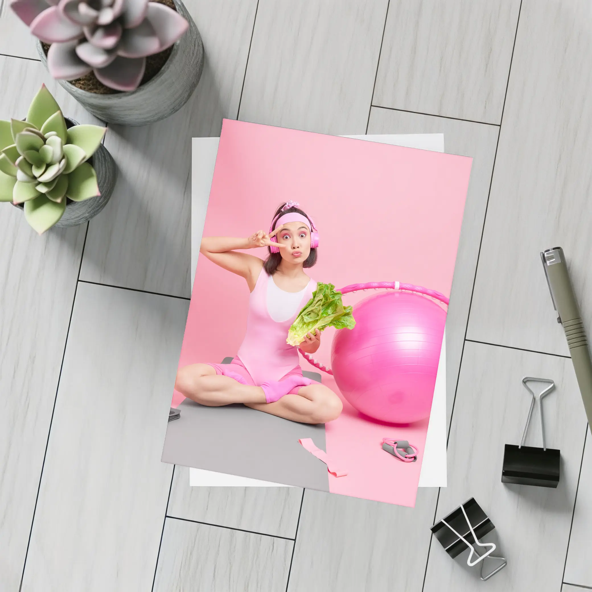 Fitness Girl Sitting With Exercise Ball Pink – Postcards