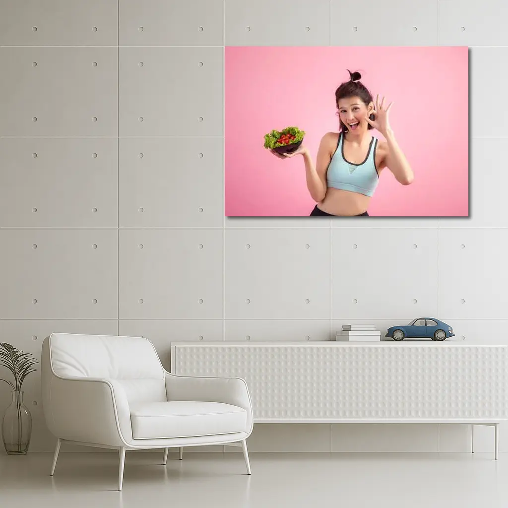 Fit Woman Holding Salad Bowl Pink Background – Wall Art