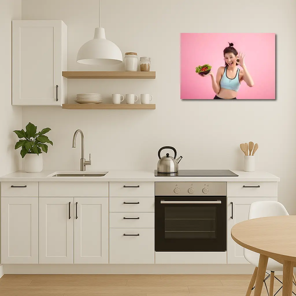 Fit Woman Holding Salad Bowl Pink Background – Wall Art