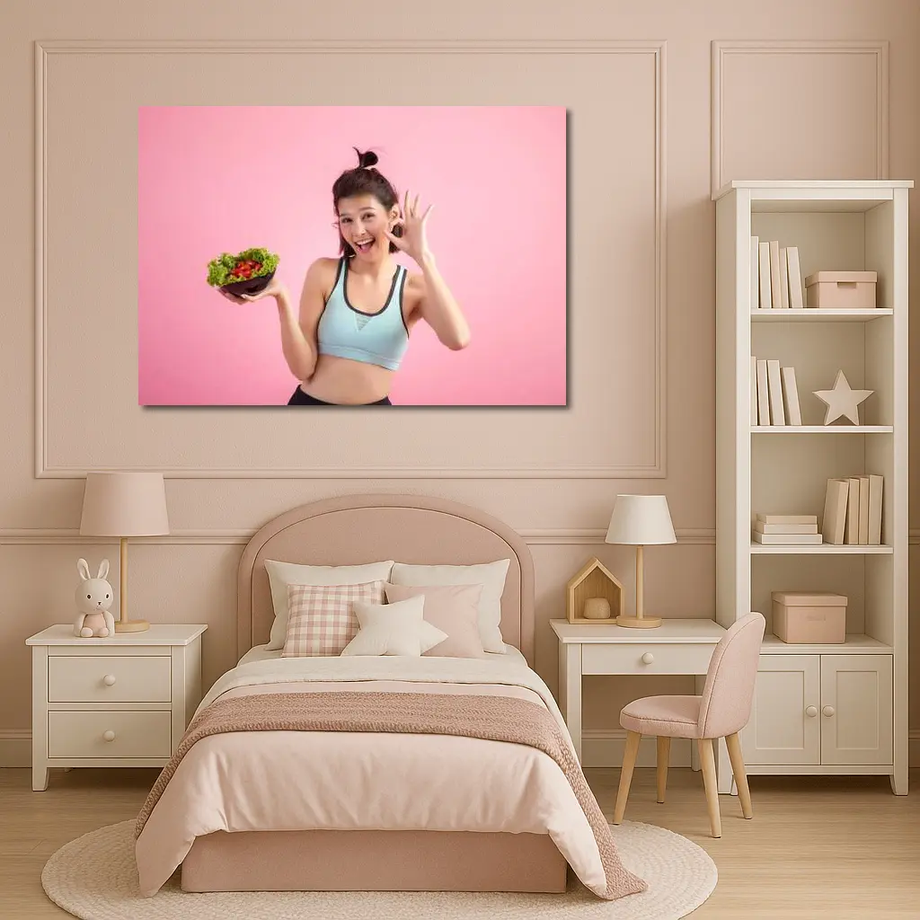 Fit Woman Holding Salad Bowl Pink Background – Wall Art