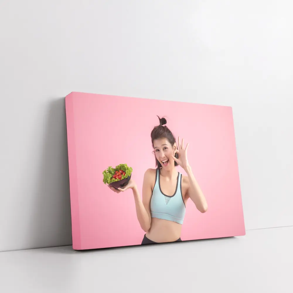 Fit Woman Holding Salad Bowl Pink Background – Wall Art