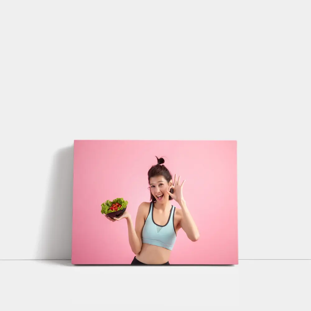 Fit Woman Holding Salad Bowl Pink Background – Wall Art