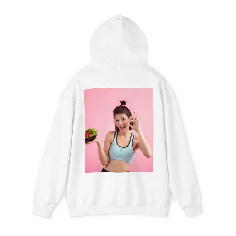 Fit Woman Holding Salad Bowl Pink Background – Hoodies