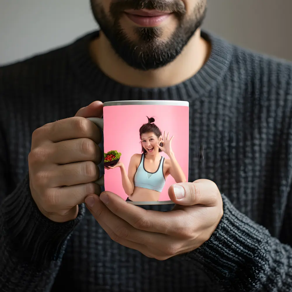 Fit Woman Holding Salad Bowl Pink Background – Mugs