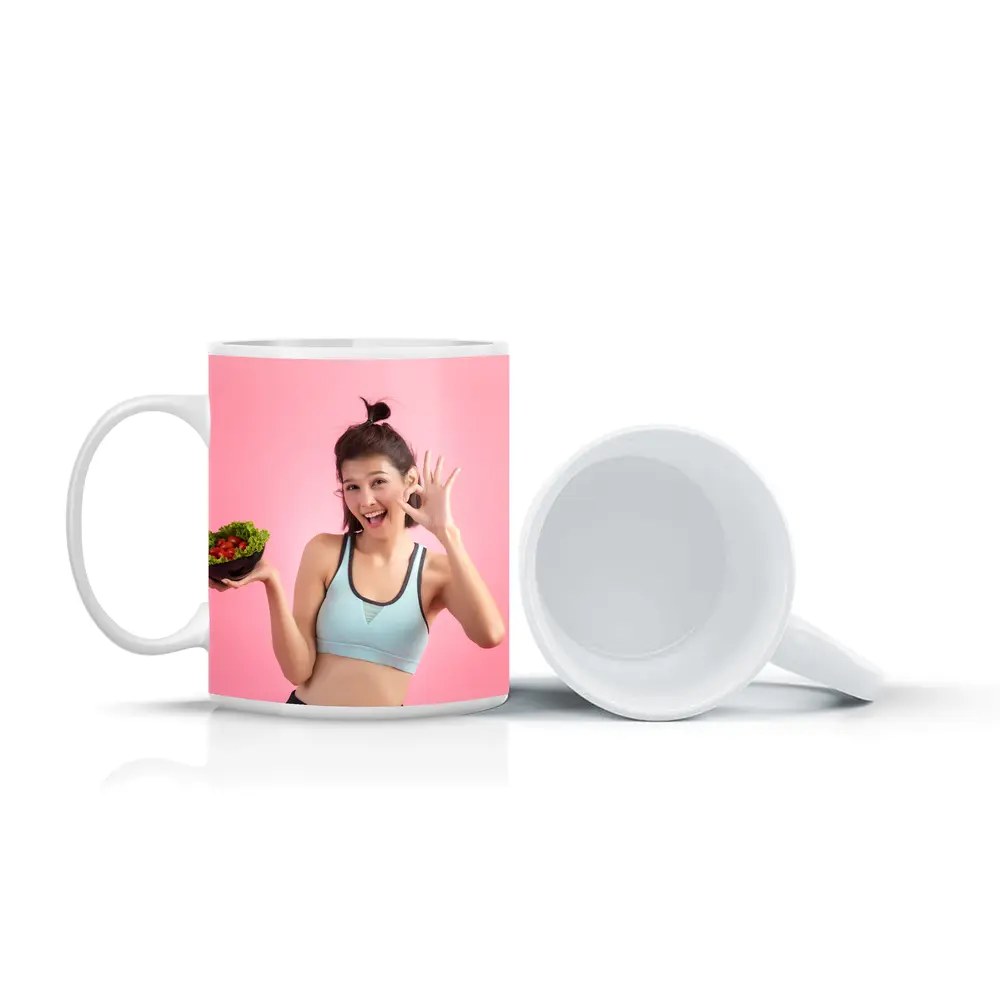 Fit Woman Holding Salad Bowl Pink Background – Mugs