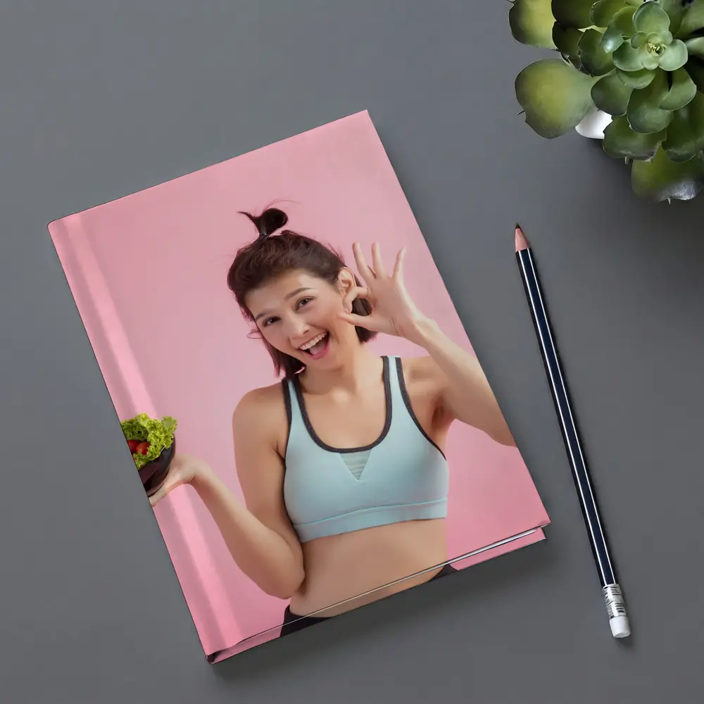 Fit Woman Holding Salad Bowl Pink Background – Notebooks