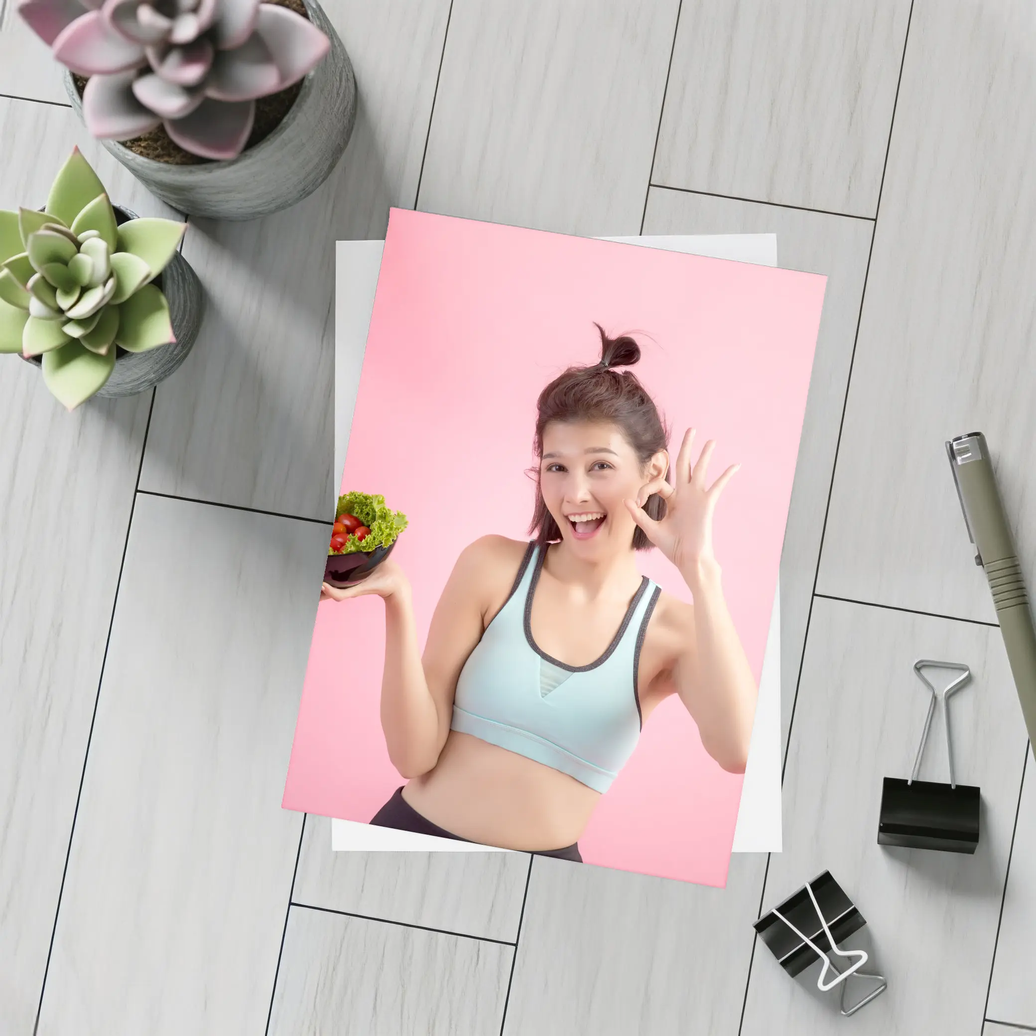 Fit Woman Holding Salad Bowl Pink Background – Postcards