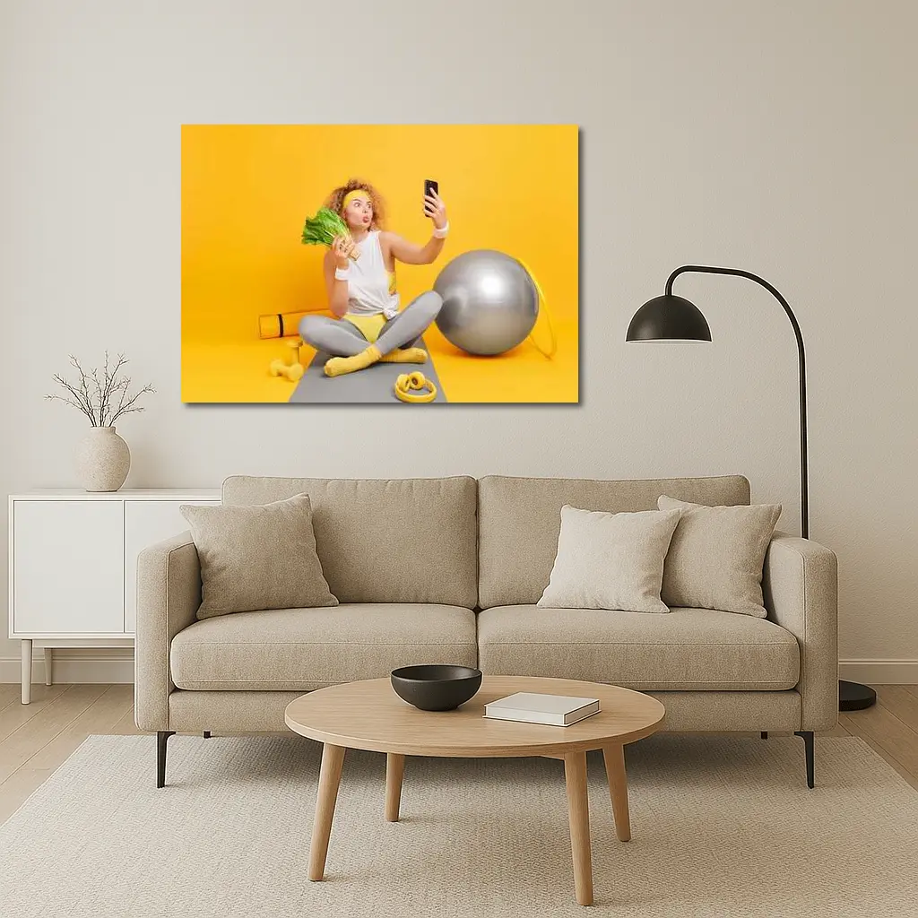 Fit Woman Selfie Yoga Mat Yellow Background – Wall Art
