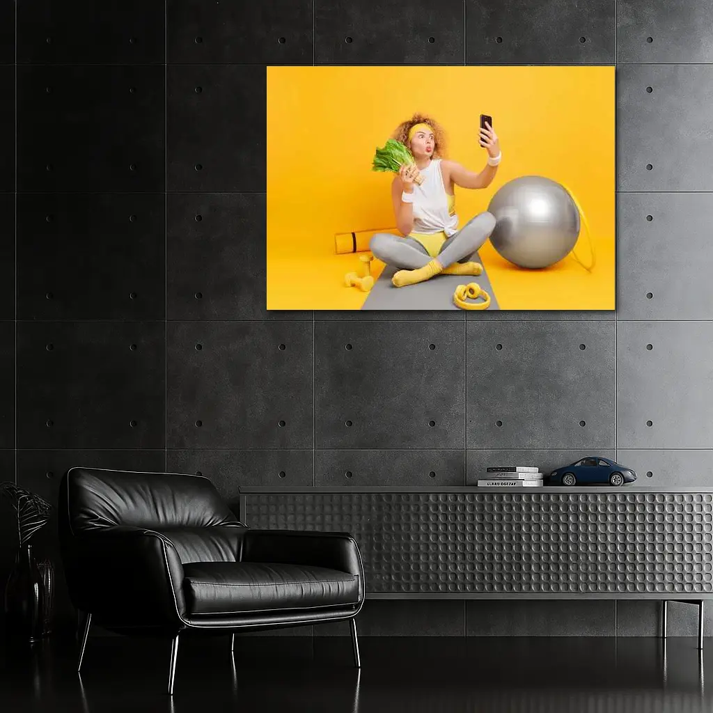 Fit Woman Selfie Yoga Mat Yellow Background – Wall Art