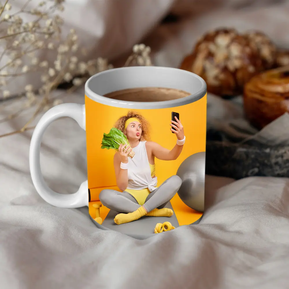 Fit Woman Selfie Yoga Mat Yellow Background – Mugs