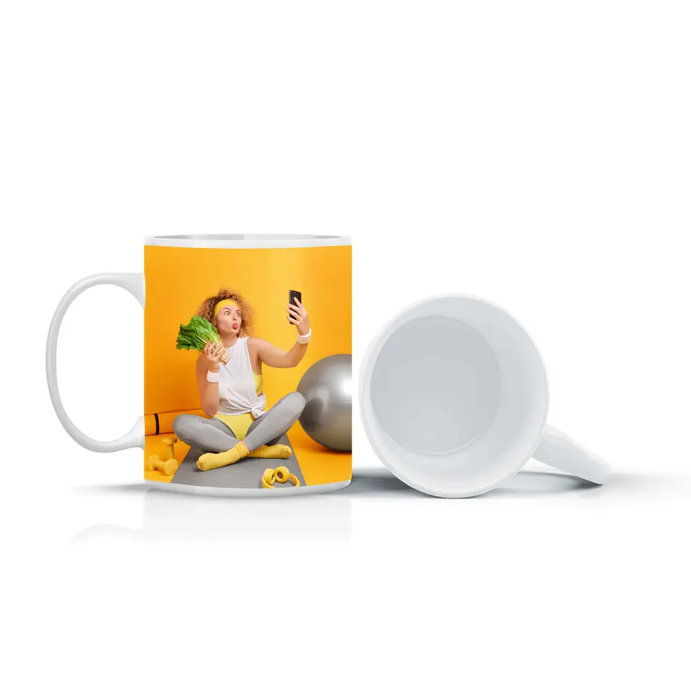 Fit Woman Selfie Yoga Mat Yellow Background – Mugs