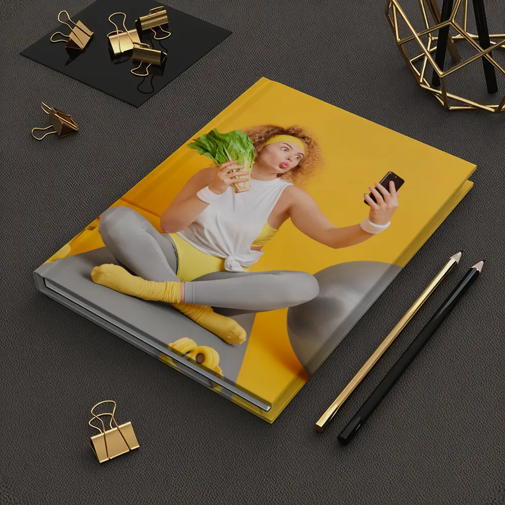Fit Woman Selfie Yoga Mat Yellow Background – Notebooks
