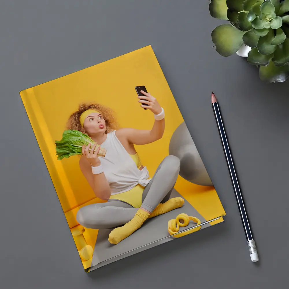 Fit Woman Selfie Yoga Mat Yellow Background – Notebooks