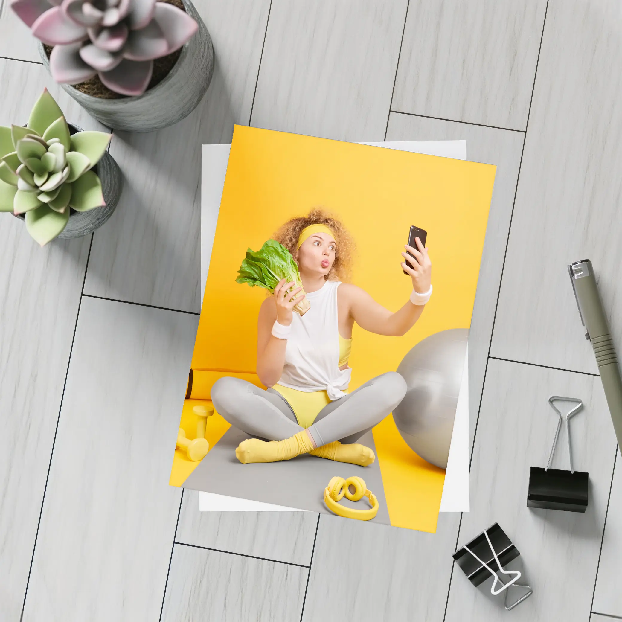 Fit Woman Selfie Yoga Mat Yellow Background – Postcards