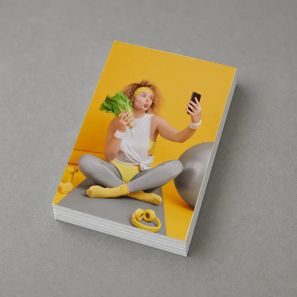 Fit Woman Selfie Yoga Mat Yellow Background – Postcards