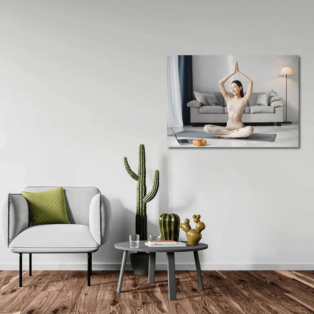 Woman Practicing Yoga Pose Bright Living Room – Wall Art
