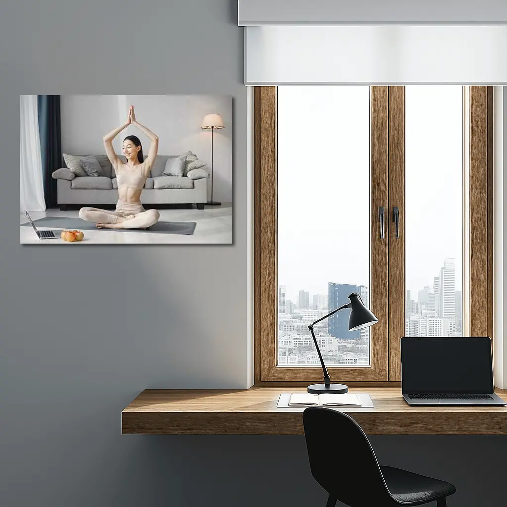 Woman Practicing Yoga Pose Bright Living Room – Wall Art