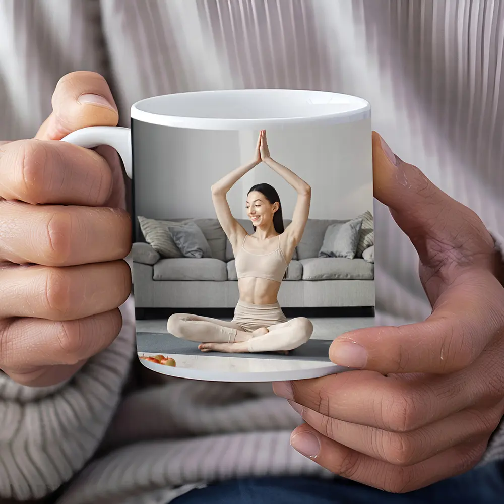 Woman Practicing Yoga Pose Bright Living Room – Mugs