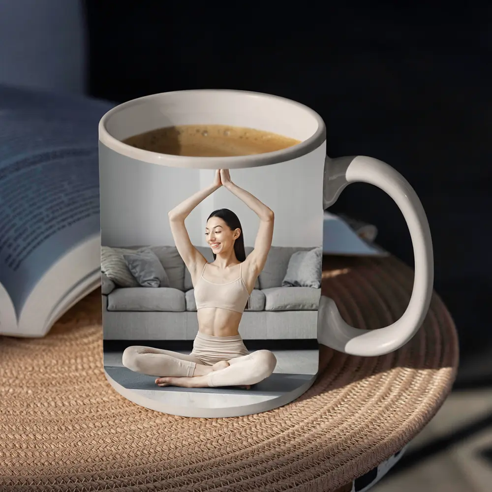 Woman Practicing Yoga Pose Bright Living Room – Mugs