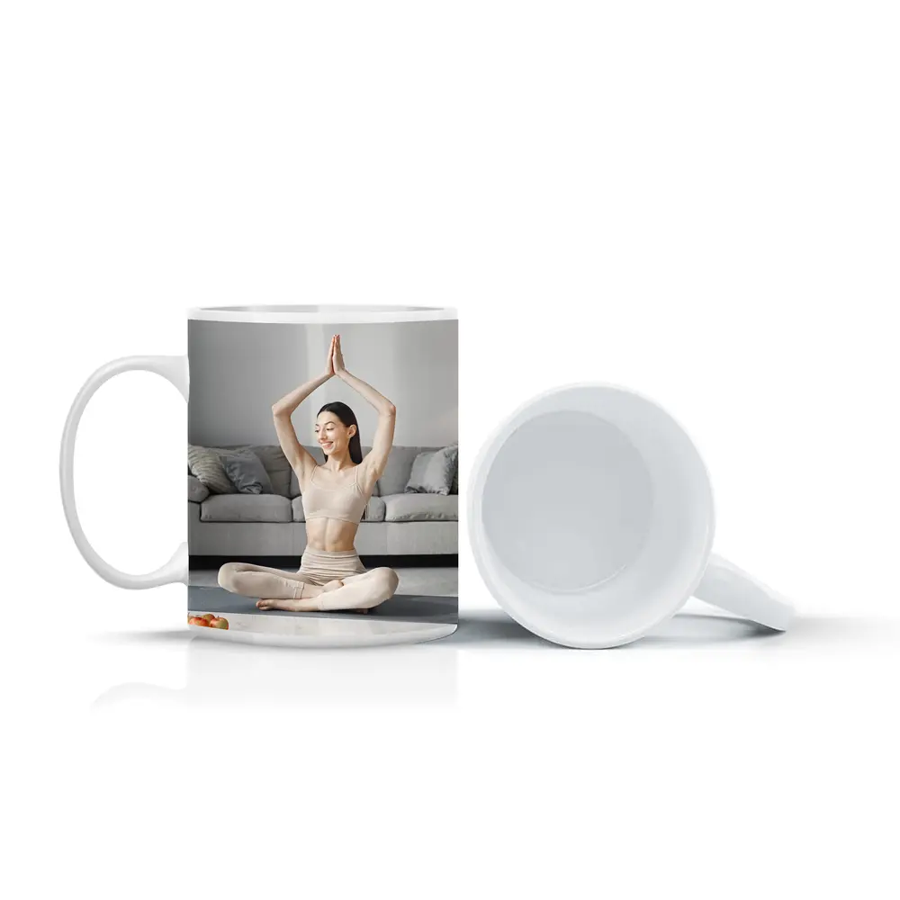 Woman Practicing Yoga Pose Bright Living Room – Mugs