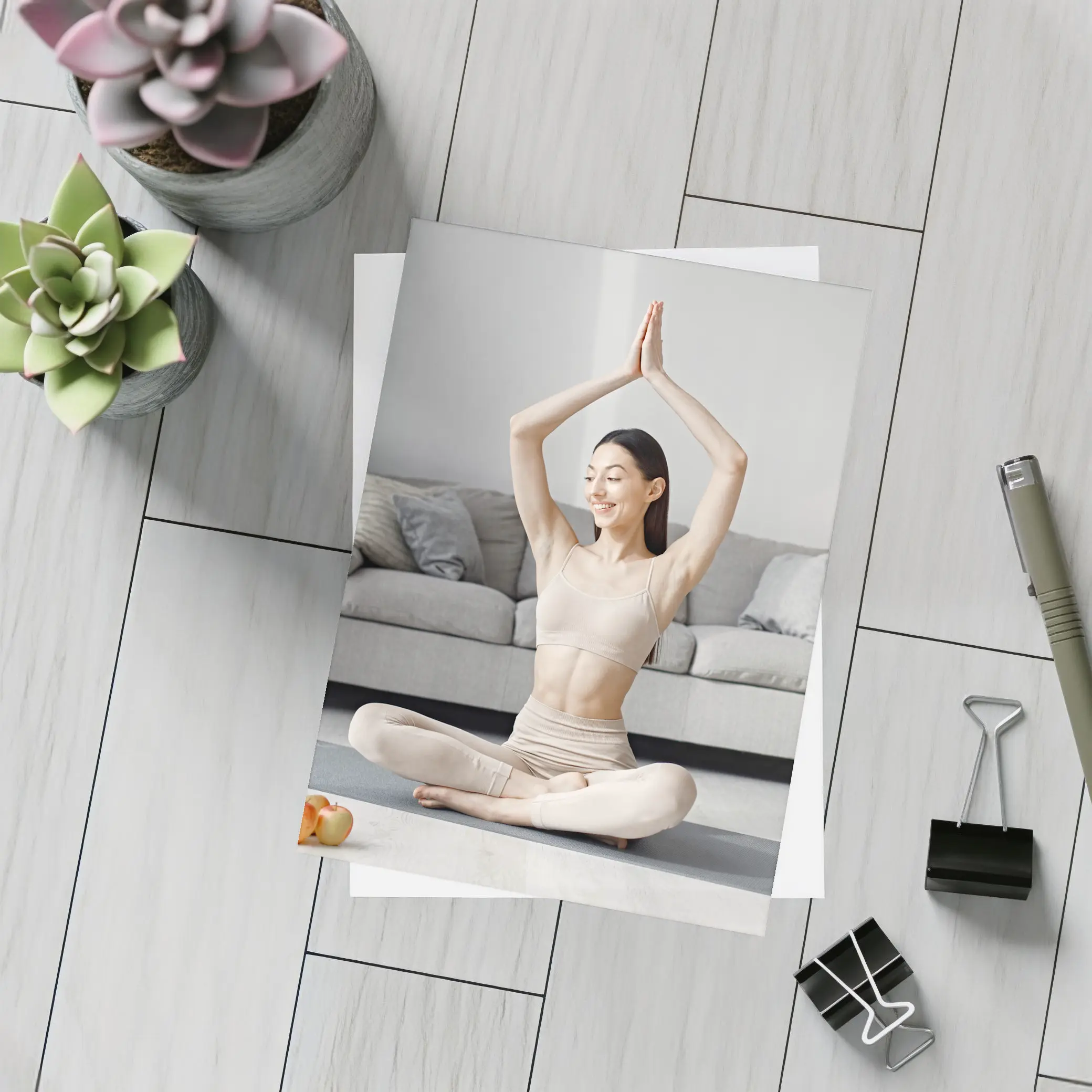 Woman Practicing Yoga Pose Bright Living Room – Postcards