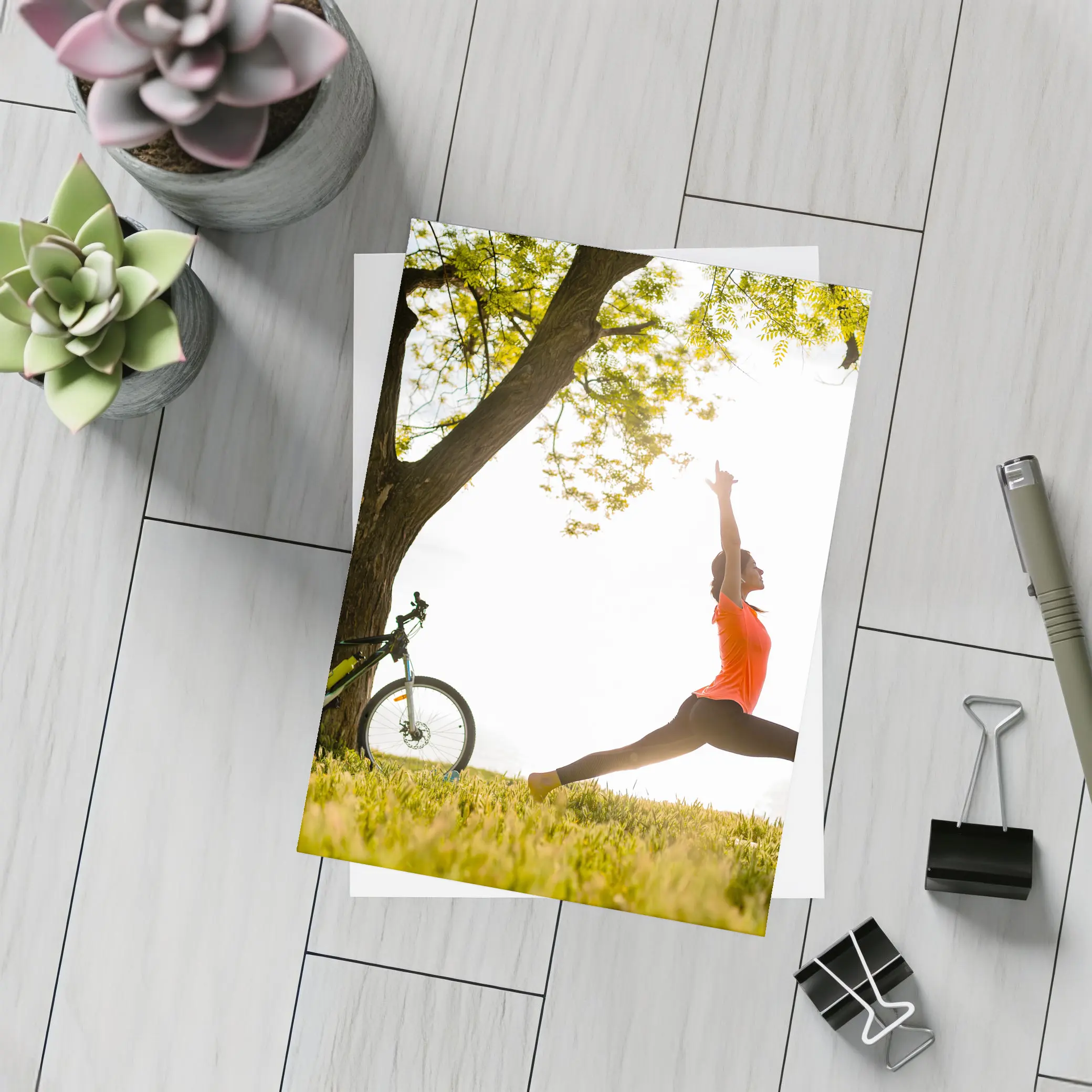 Woman Yoga Pose Outdoor Tree Sunrise – Postcards