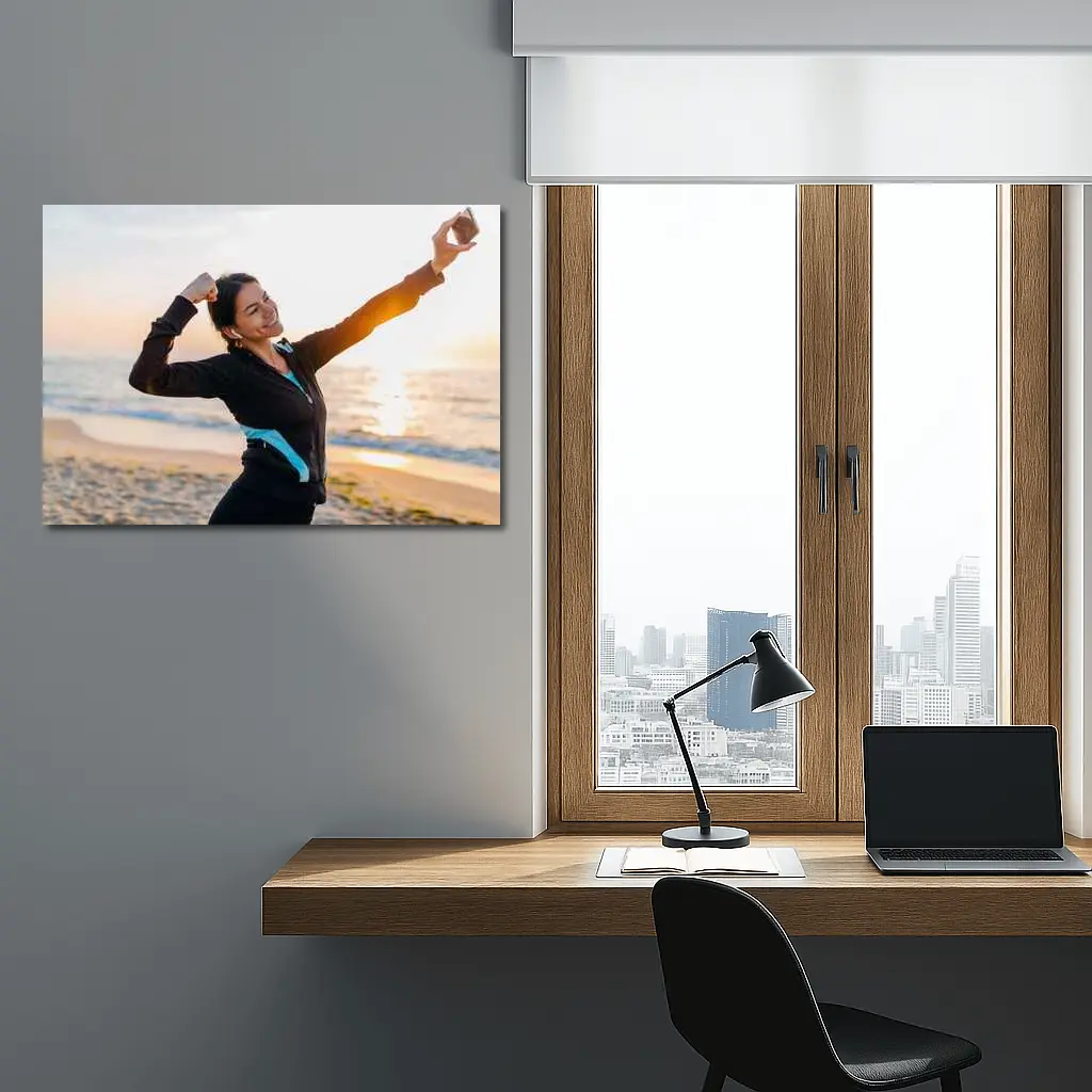 Woman Celebrating Victory at Sunrise Beach – Wall Art