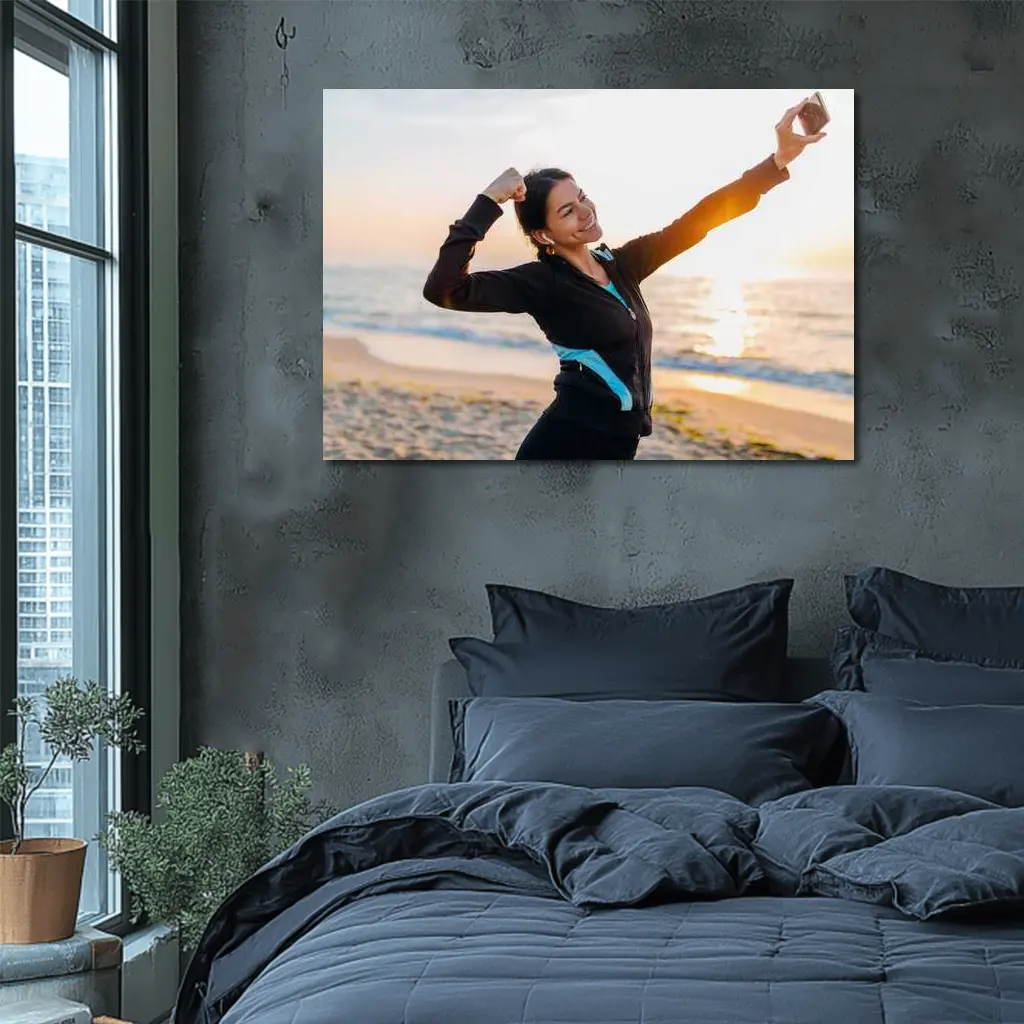 Woman Celebrating Victory at Sunrise Beach – Wall Art