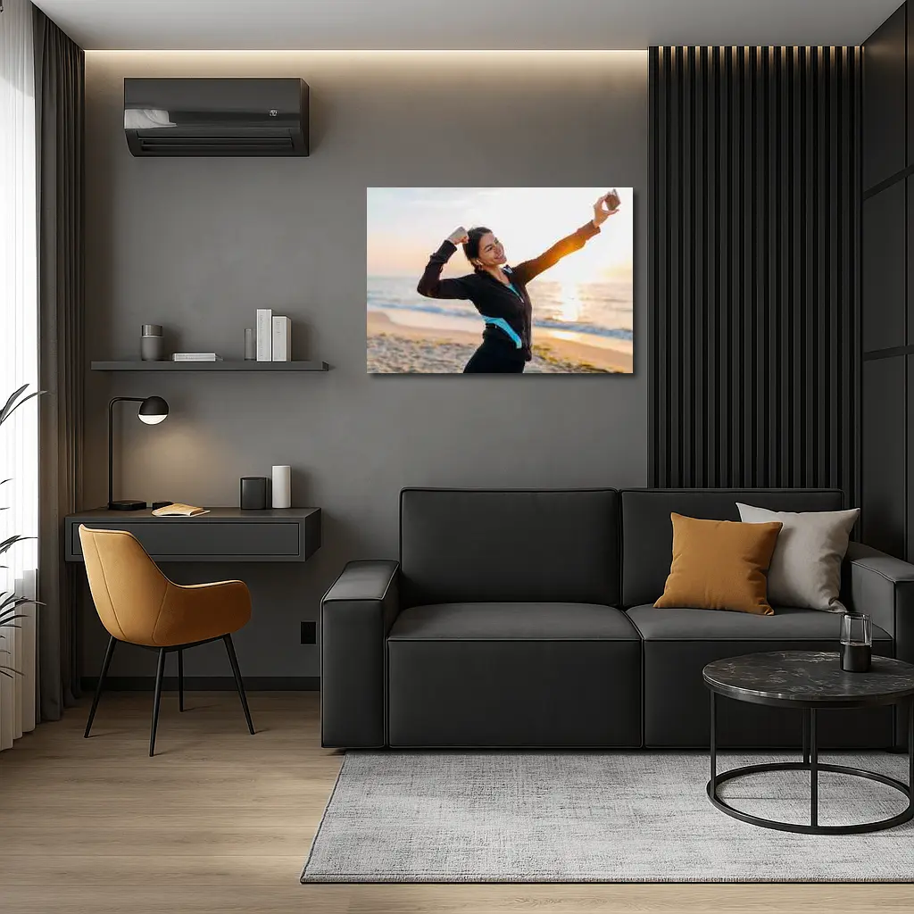 Woman Celebrating Victory at Sunrise Beach – Wall Art