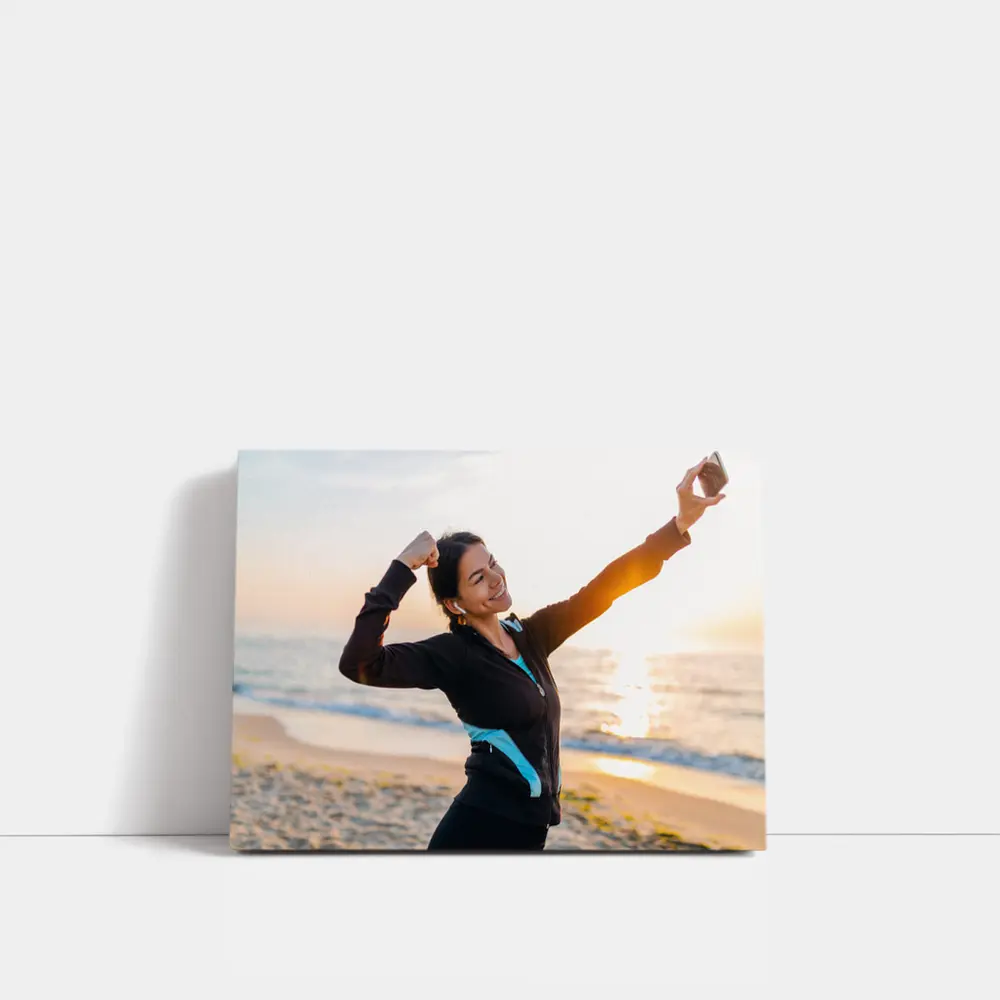 Woman Celebrating Victory at Sunrise Beach – Wall Art