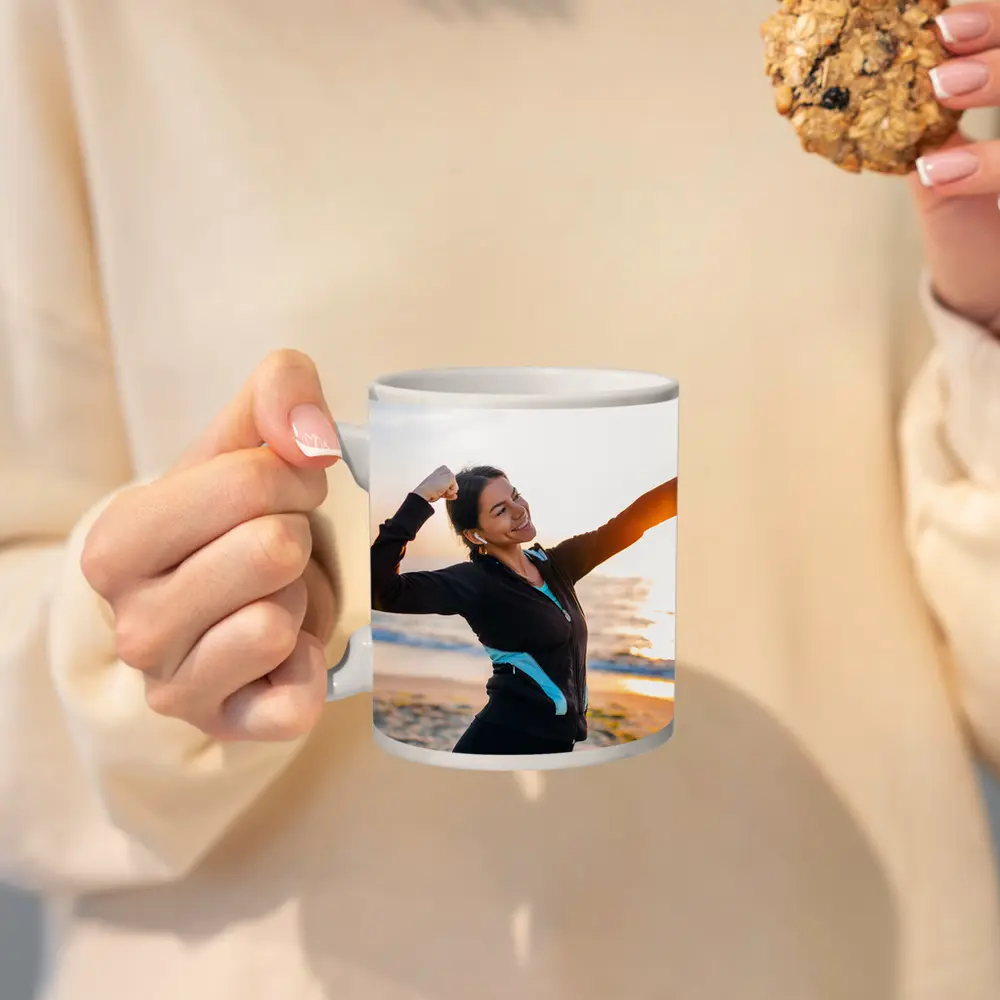 Woman Celebrating Victory at Sunrise Beach – Mugs
