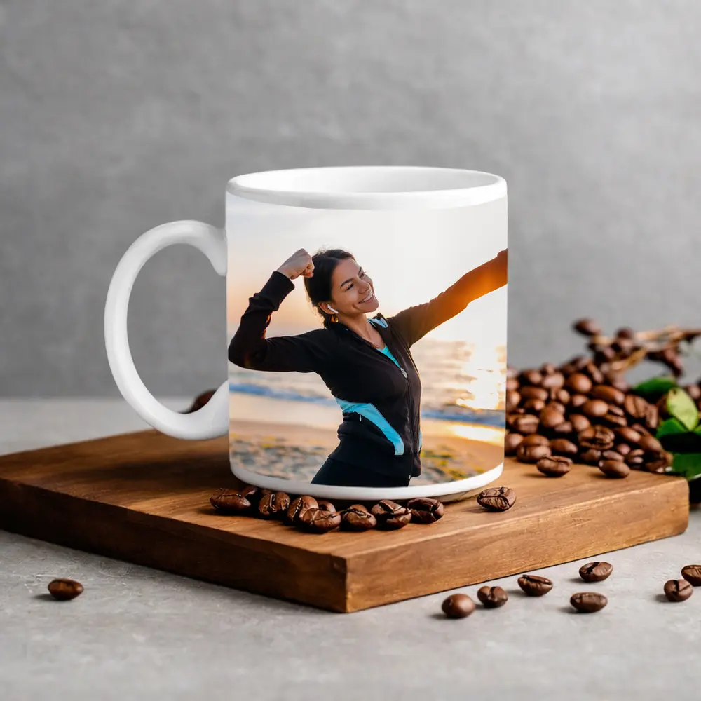 Woman Celebrating Victory at Sunrise Beach – Mugs