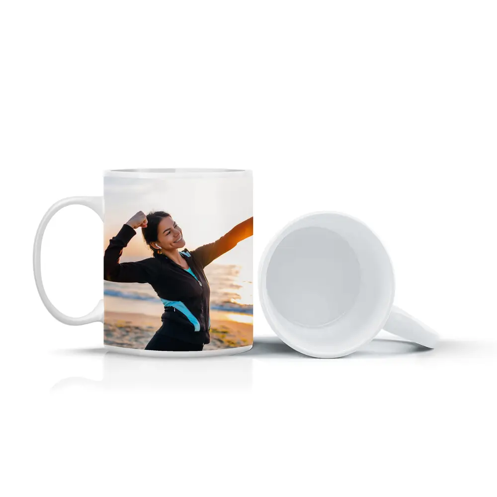 Woman Celebrating Victory at Sunrise Beach – Mugs
