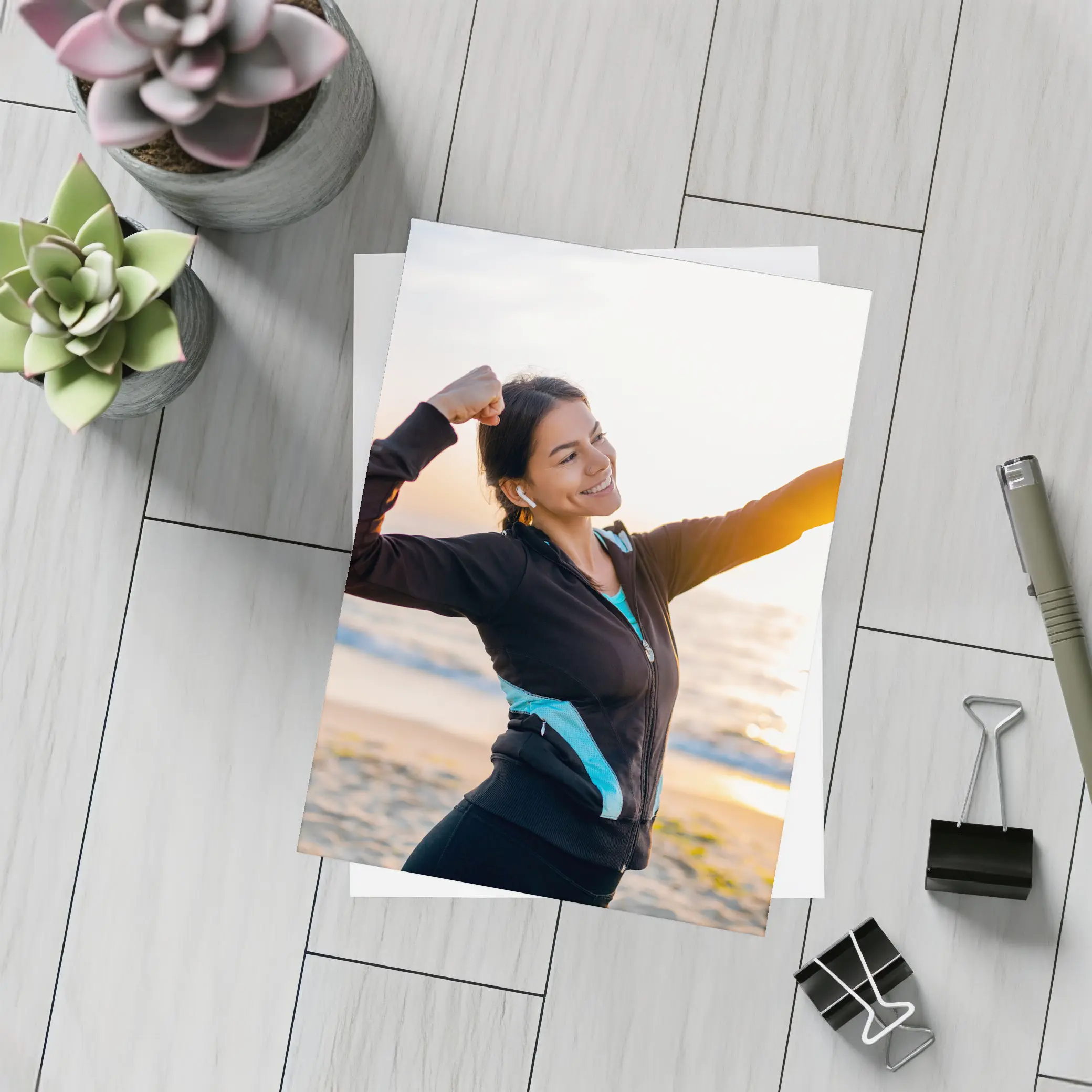 Woman Celebrating Victory at Sunrise Beach – Postcards