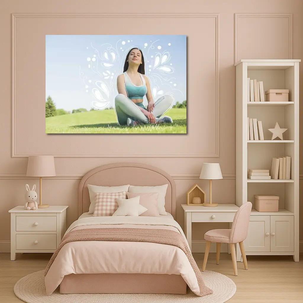 Woman Meditating Outdoors Park Floral Design – Wall Art