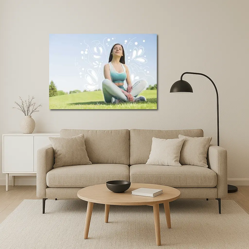 Woman Meditating Outdoors Park Floral Design – Wall Art